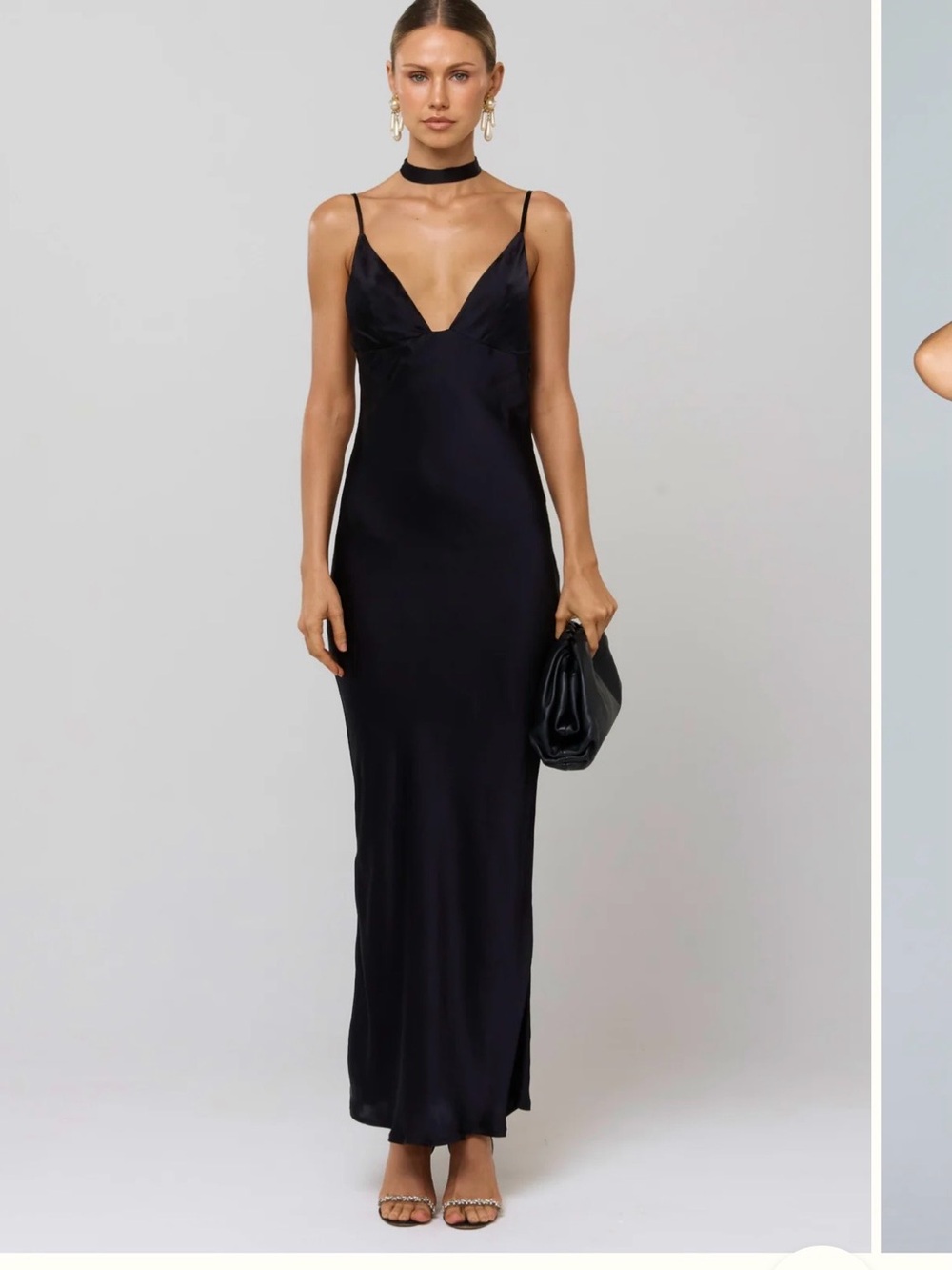 RESA Black Satin Slip Maxi Dress with Spaghetti Straps